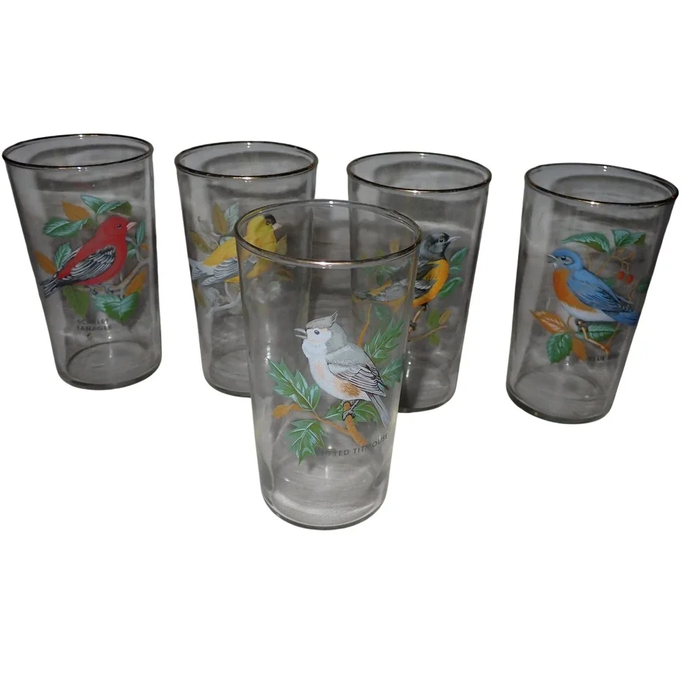 5 Vintage West Virginia Glass Co MCM American Songbird Glasses gold rim Tumblers